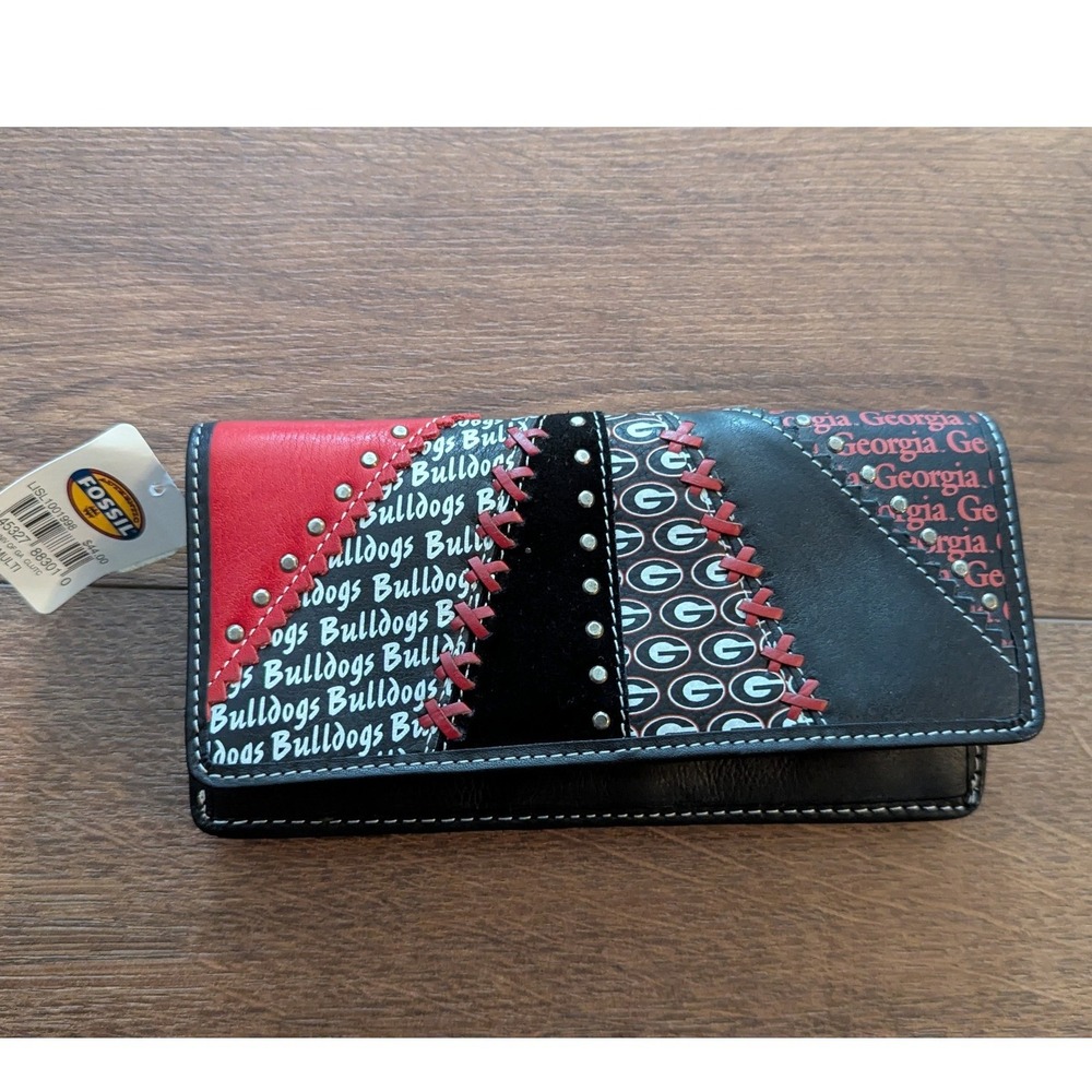 Fossil Georgia Bulldogs Leather Patchwork Clutch Wallet Black Red NWT UGA NCAA